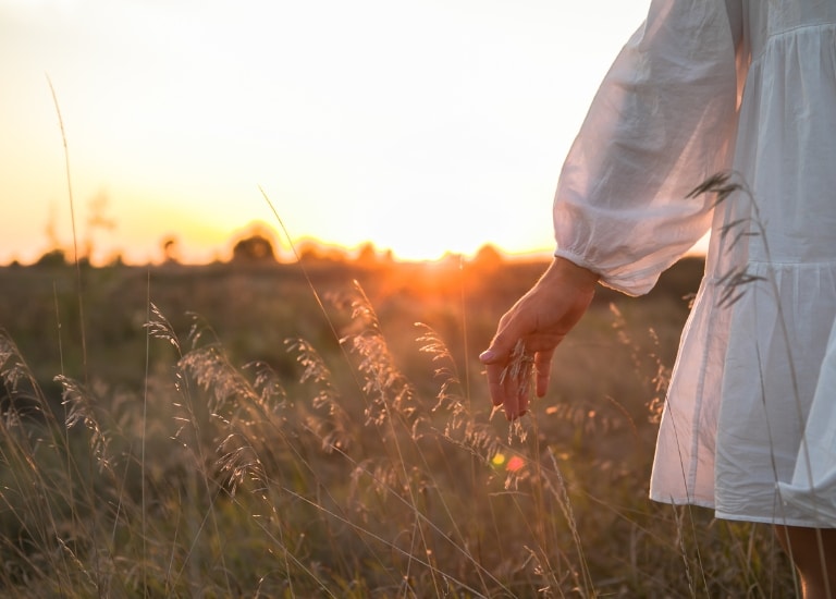 Frau mit hand über Wiese im Sonnenuntergang